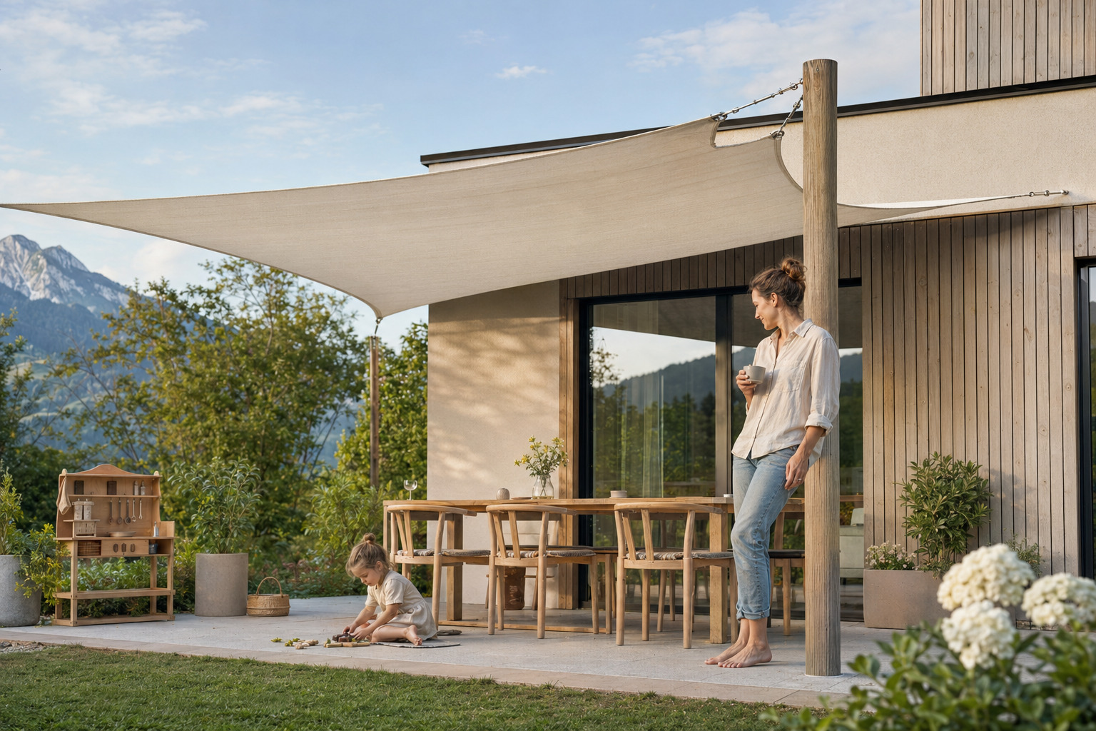 KI-Bild: Entspannter Familienmoment im angenehmen Schatten eines Sonnensegels