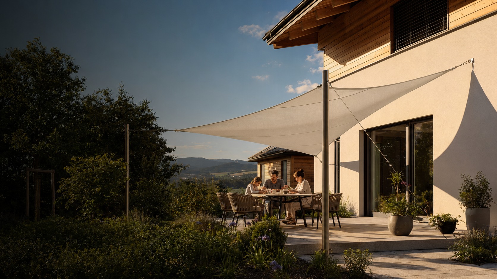 KI-Bild: Modernes Sonnensegel über einer Terrasse an einem österreichischen Zuhause